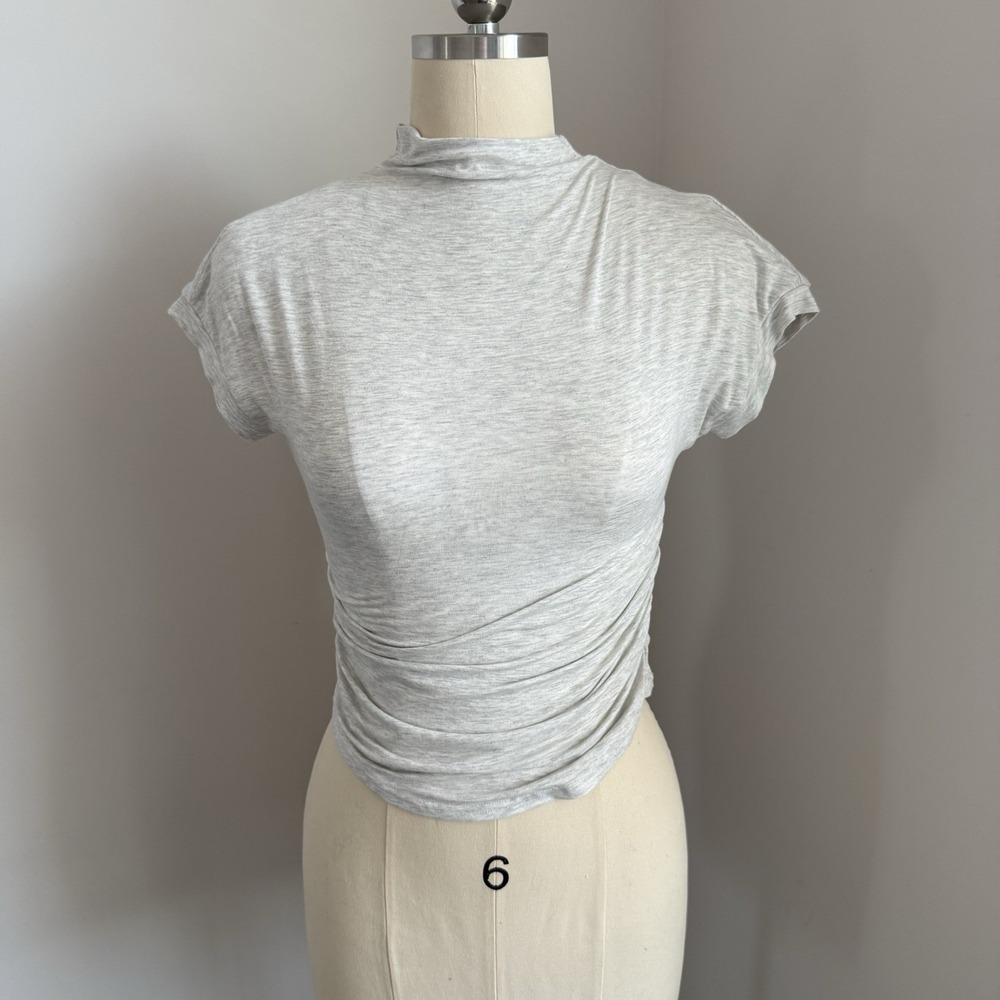 DARONG Ruched Mock Neck Top Gray Minimalist Clean Girl Fitted Stretch Tee Small
